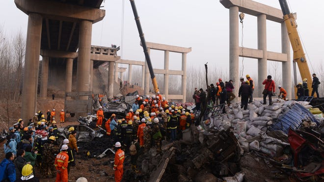  Chinese authorities say a truck that exploded and caused an elevated stretch of highway to collapse, killing  people, was loaded with holiday fireworks that were illegally produced and transported.